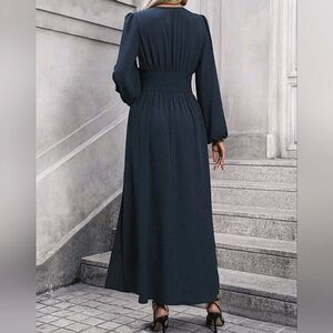 Blue V-Neck Lantern Sleeve High Waist Maxi Dress